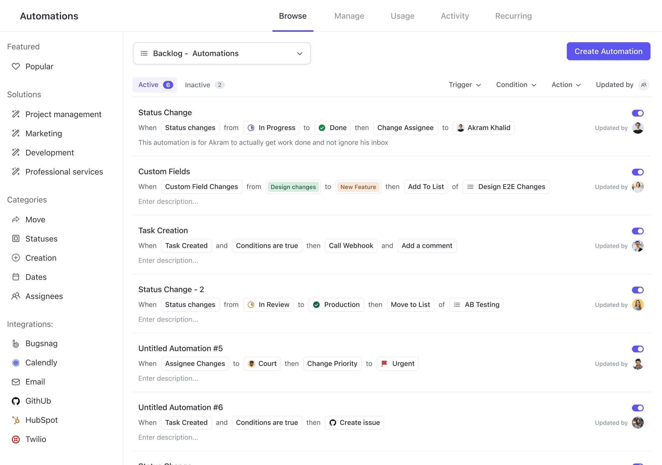 ClickUp Automations dashboard showcasing active automation rules, including triggers like status changes, task creation, and custom field updates, designed to automate workflows and optimize task management processes.