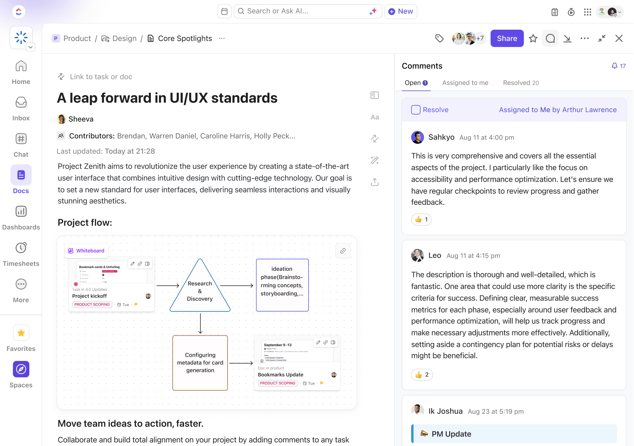 ClickUp interface displaying a project task list organized by stages—To Do, In Progress, and In Review—alongside the ClickUp Brain chatbot providing a list of assigned high-priority tasks with due dates and priorities for efficient task management.
