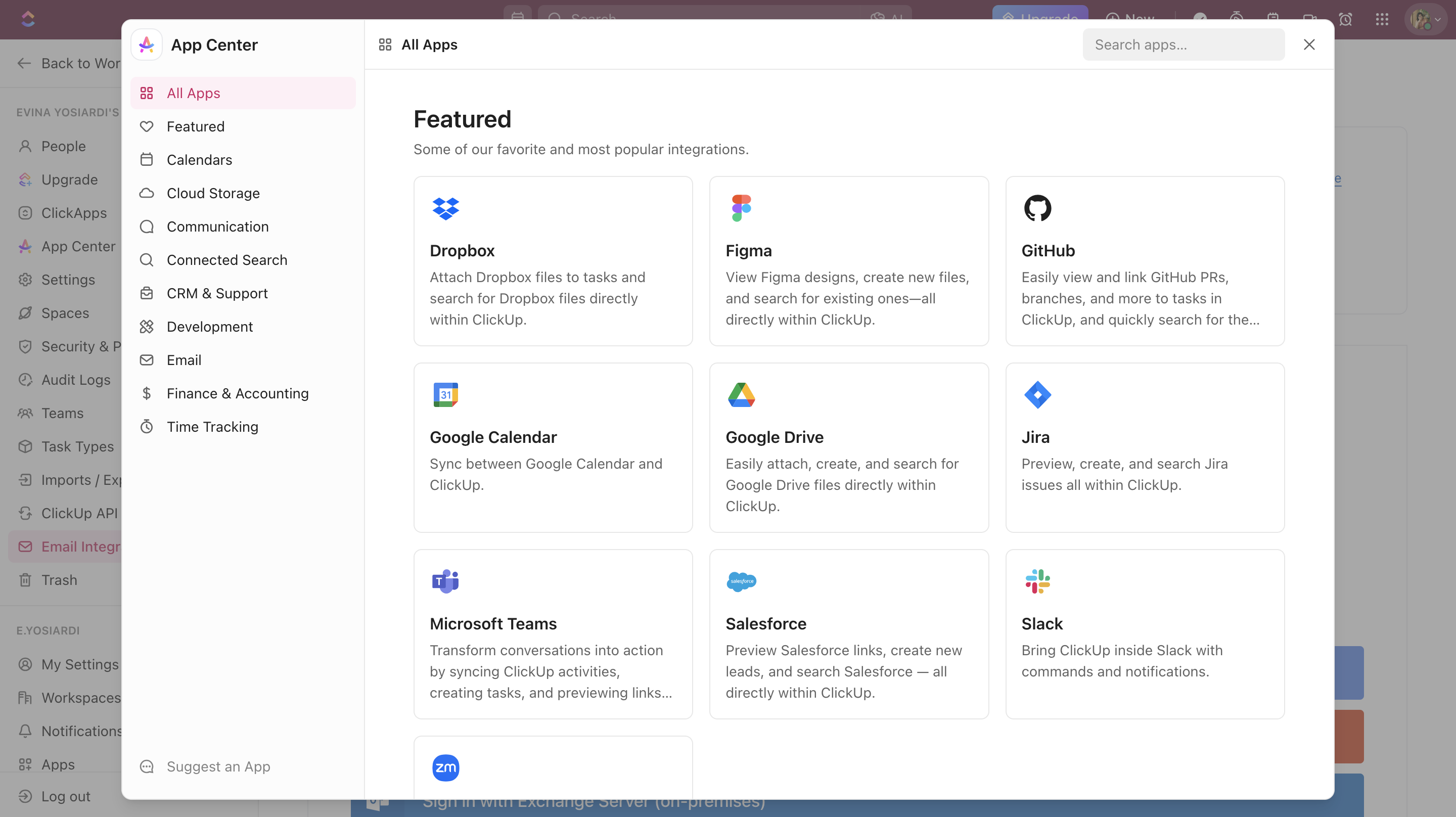 ClickUp App Center featuring popular integrations like Dropbox, Figma, GitHub, Google Calendar, Google Drive, Jira, Microsoft Teams, Salesforce, and Slack, all designed to streamline workflows within the platform.