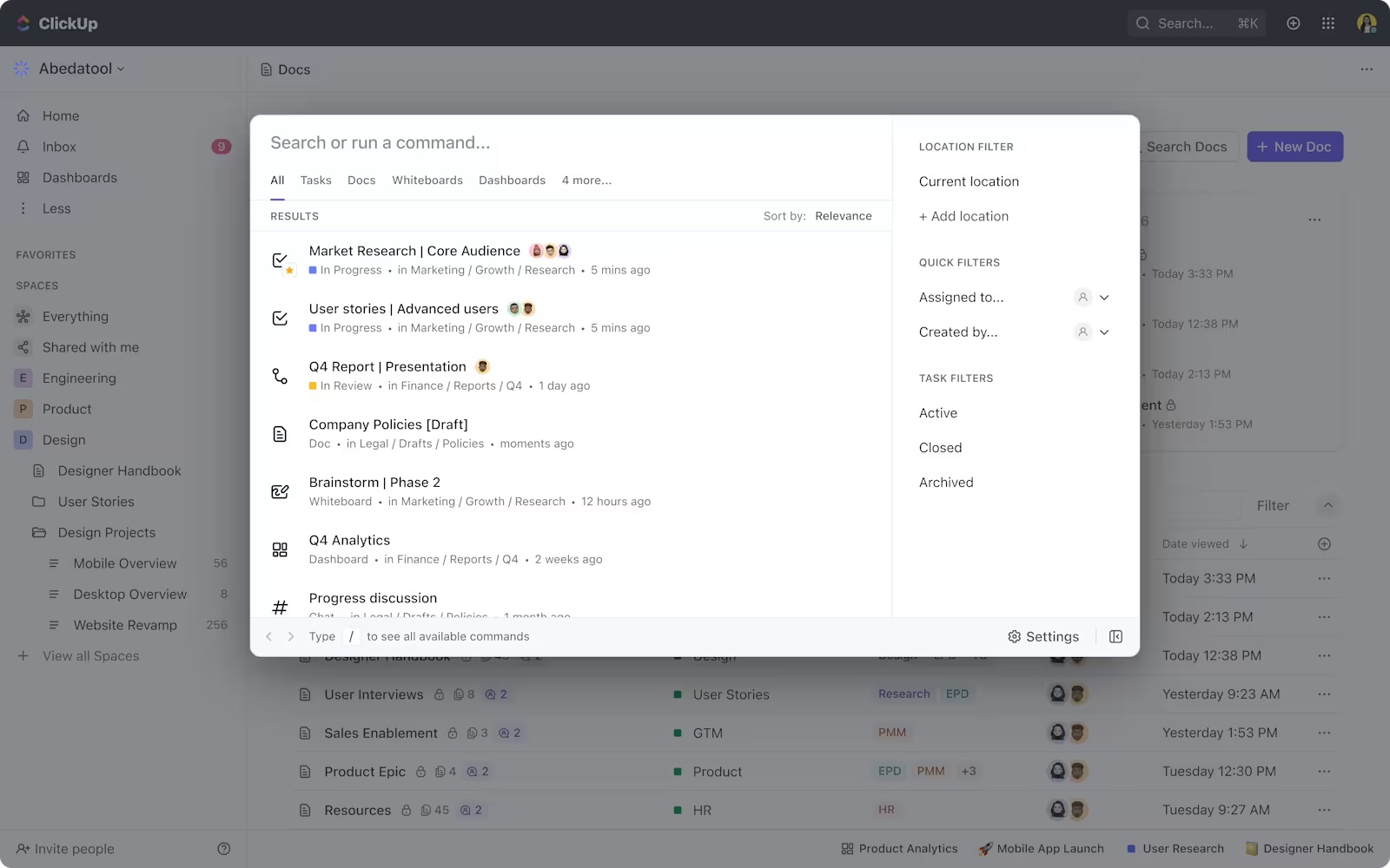 ClickUp's Universal Search feature displaying filtered results for tasks, docs, and dashboards, making it easy to locate important team projects and files quickly.