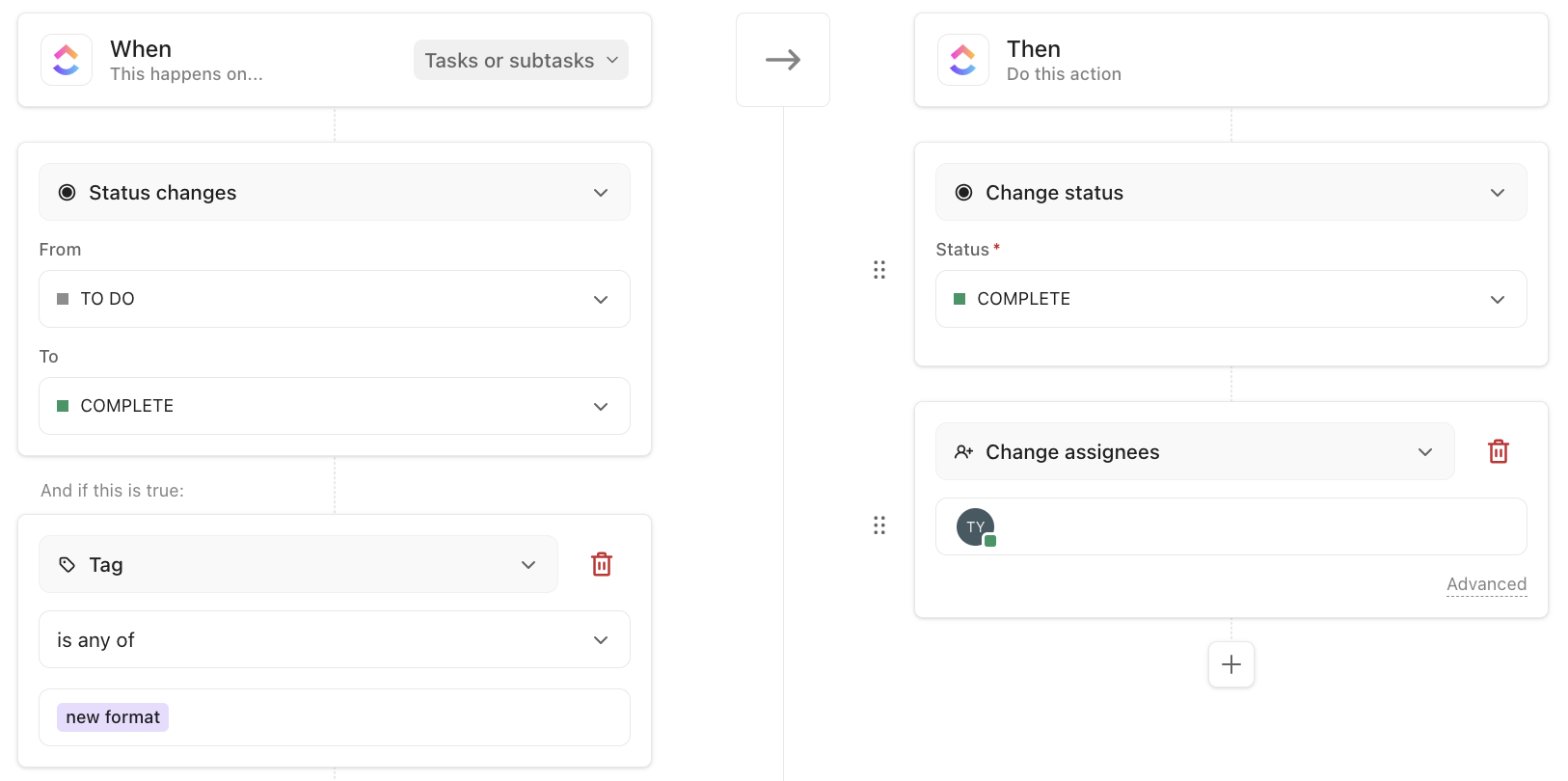 Example of a ClickUp 3.0 automation setup: Trigger conditions include a status change from 'To Do' to 'Complete' and the tag 'new-format.' Corresponding actions include changing the task status to 'Complete' and reassigning the task to a specific user.
